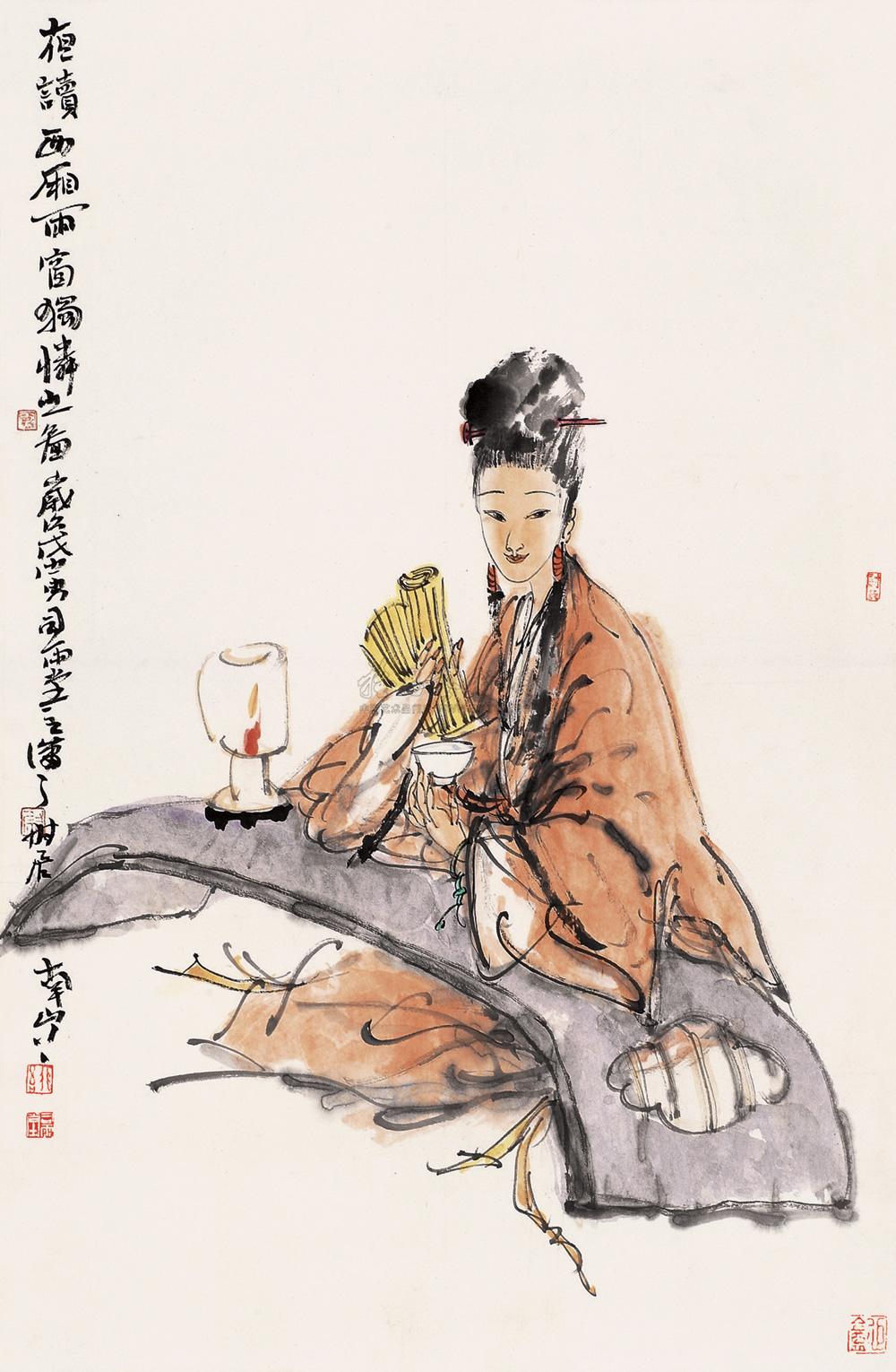 0156戊寅1998年作夜读图立轴设色纸本