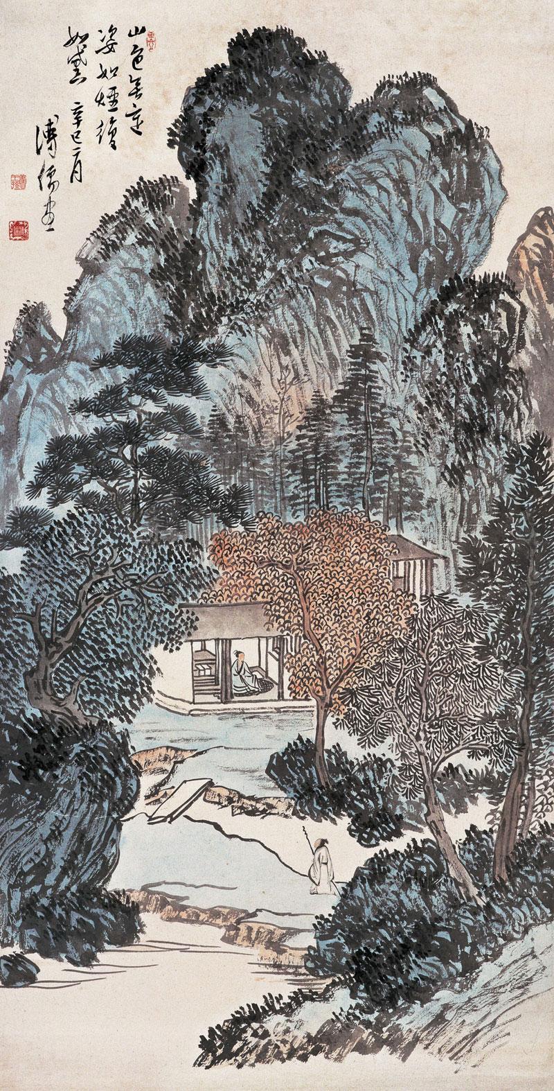0592辛巳1941年作草堂客至图立轴设色纸本