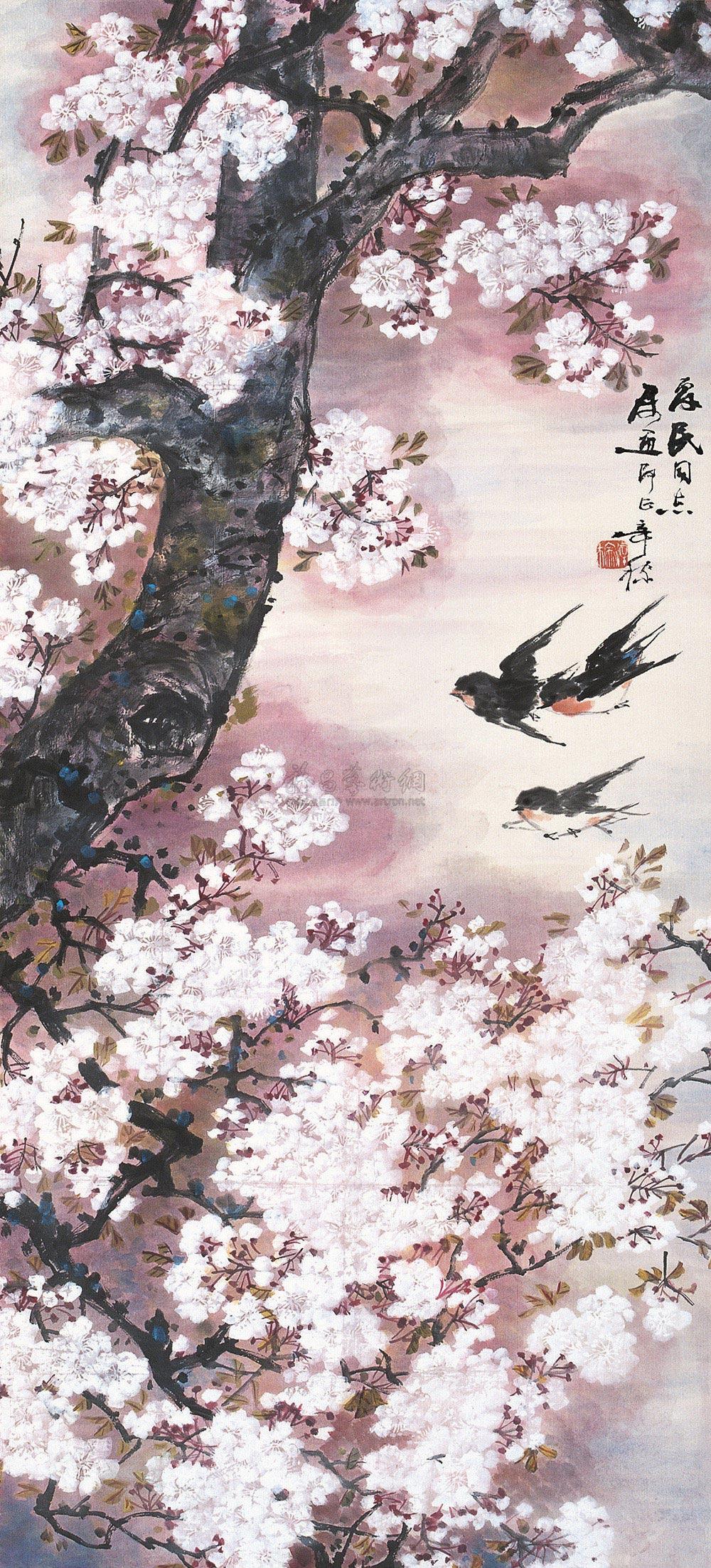 0427梨花春燕立轴设色纸本