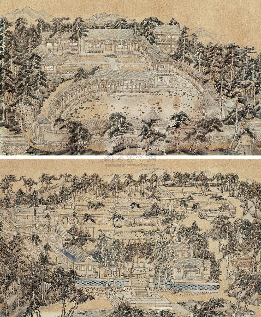 0072 园林小景 (两帧) 镜心 设色纸本