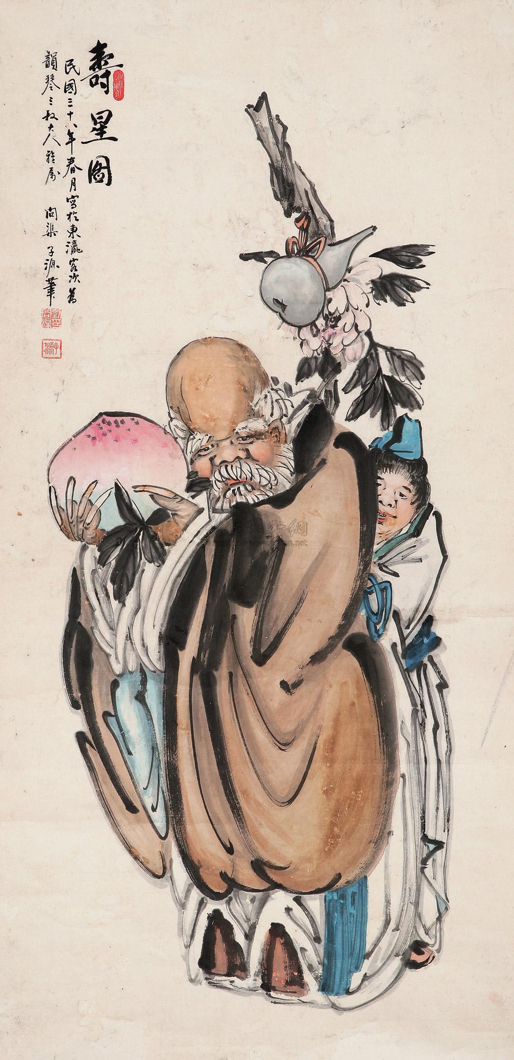 0100 寿星图 立轴 设色纸本
