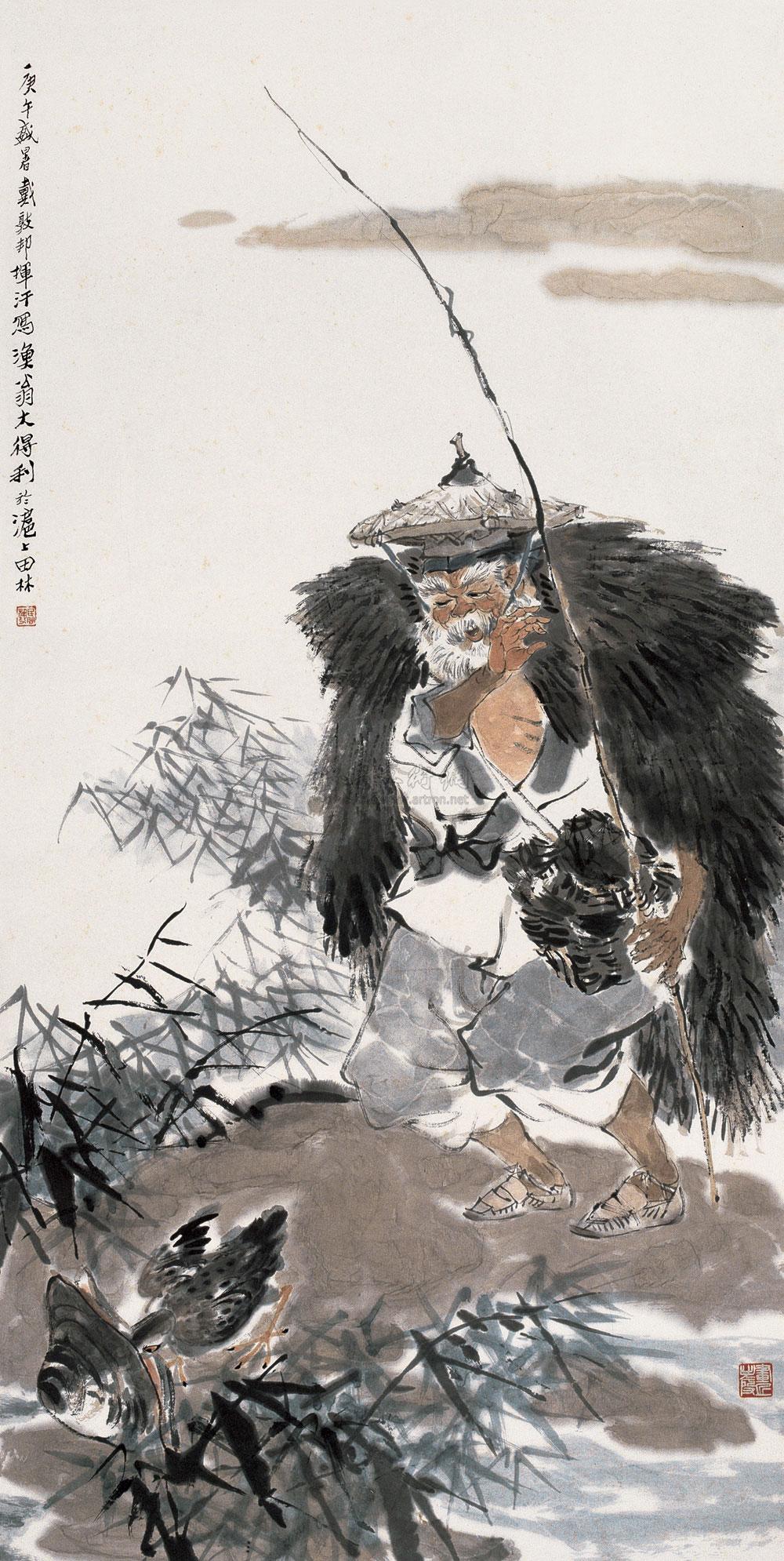 03201990年作渔翁大利图立轴设色纸本