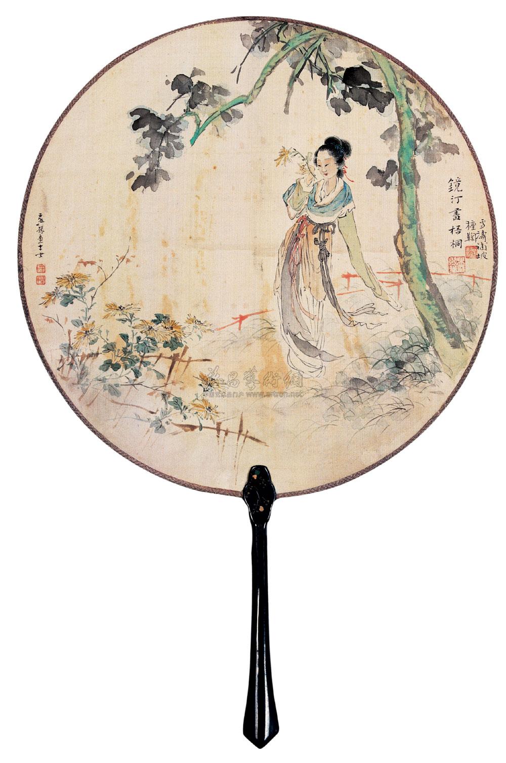 0155桐阴仕女团扇设色绢本
