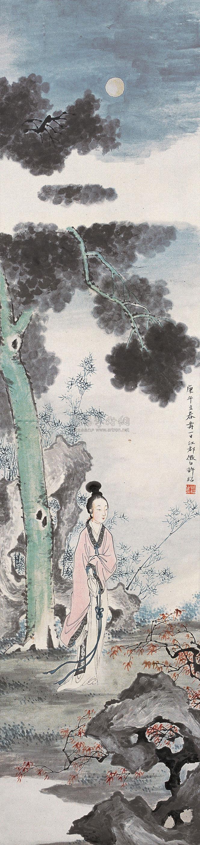 14371930年作月下桐阴仕女图立轴设色纸本