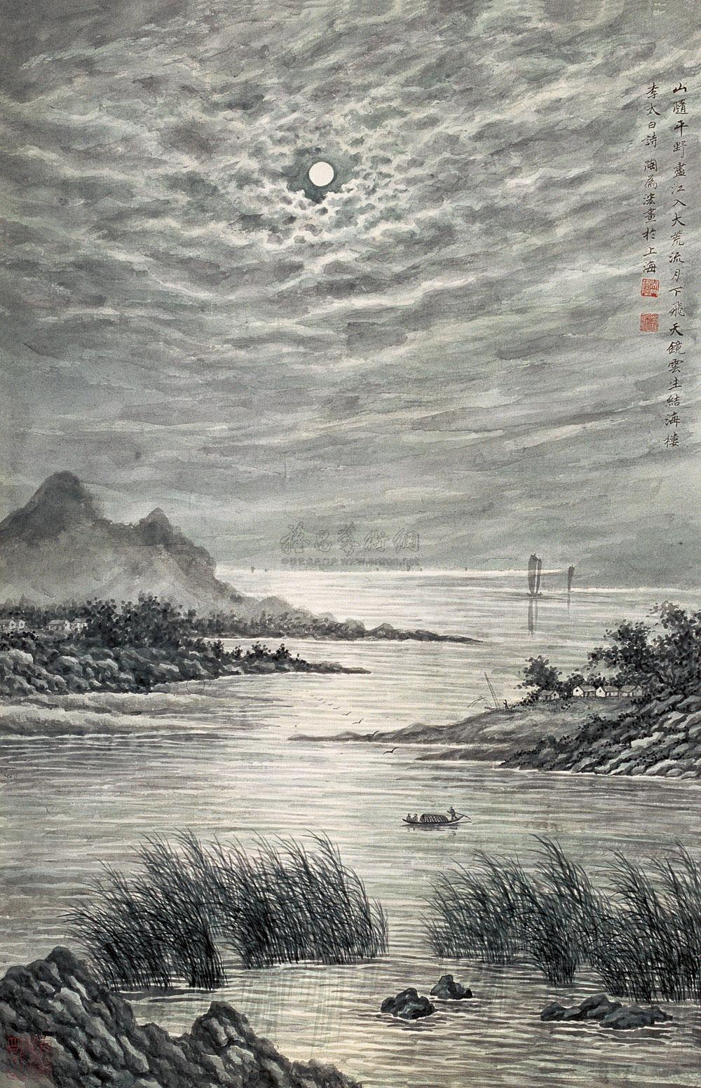 0236月下江帆立轴设色纸本
