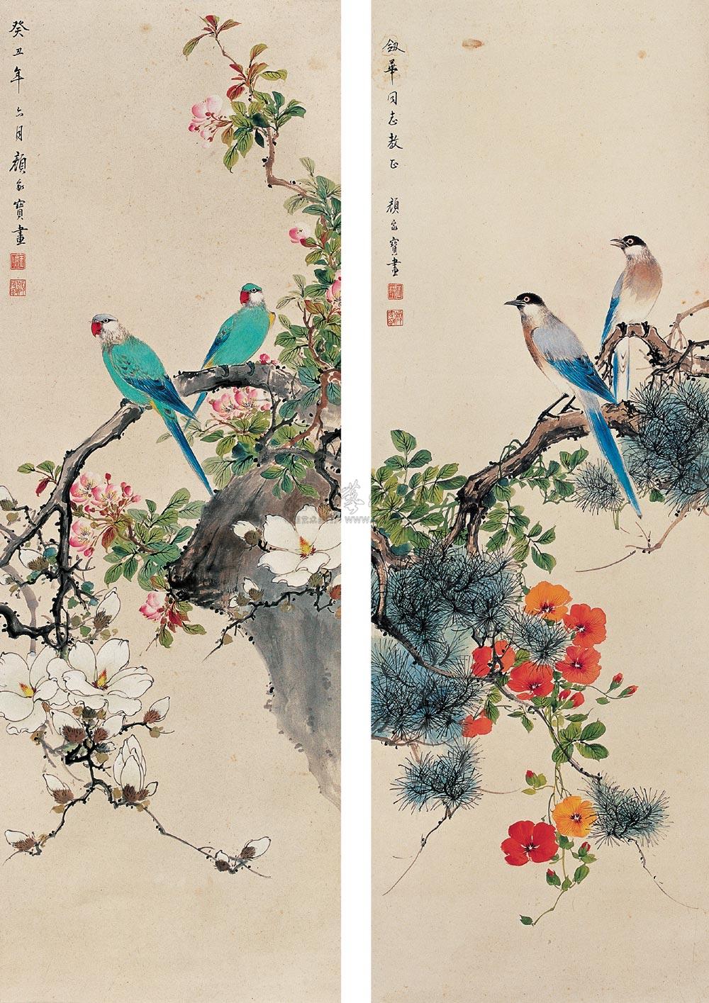 0454 癸丑(1973年)作 花鸟 对屏 设色纸本