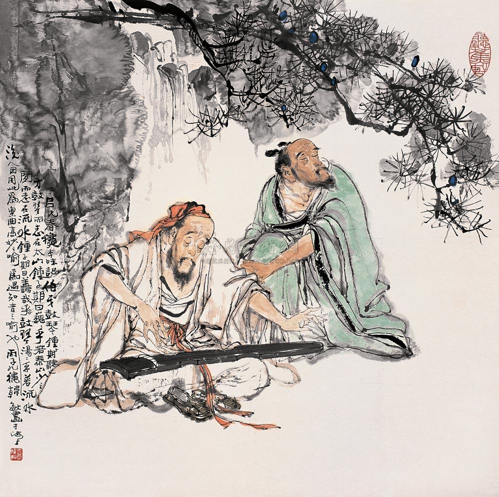 0068松下抚琴立轴设色纸本