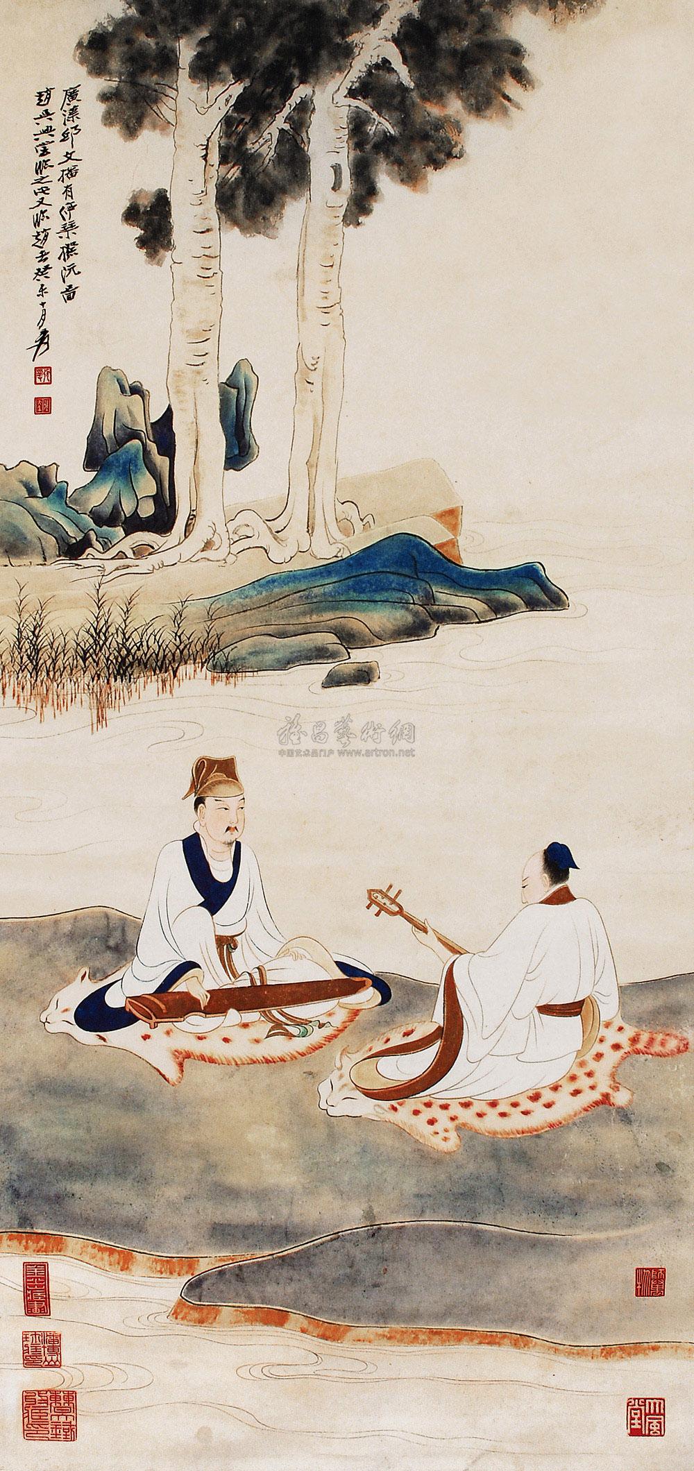 0153 1943年作 停琴听阮图 立轴 设色纸本