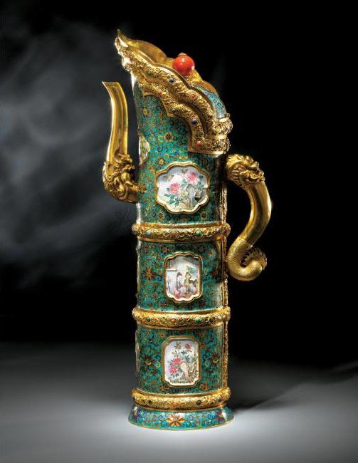 【清乾隆 御制金胎掐丝琺瑯开光式画「仕女花鸟」图多穆壶】拍卖品图片价格鉴赏金银琉璃珐琅器雅昌艺术品拍卖网 
