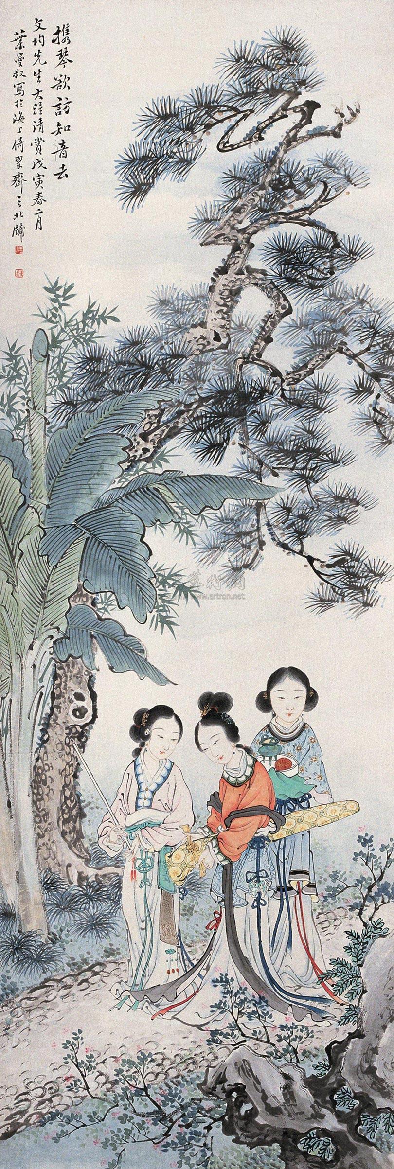 05701938年作携琴访友图立轴纸本