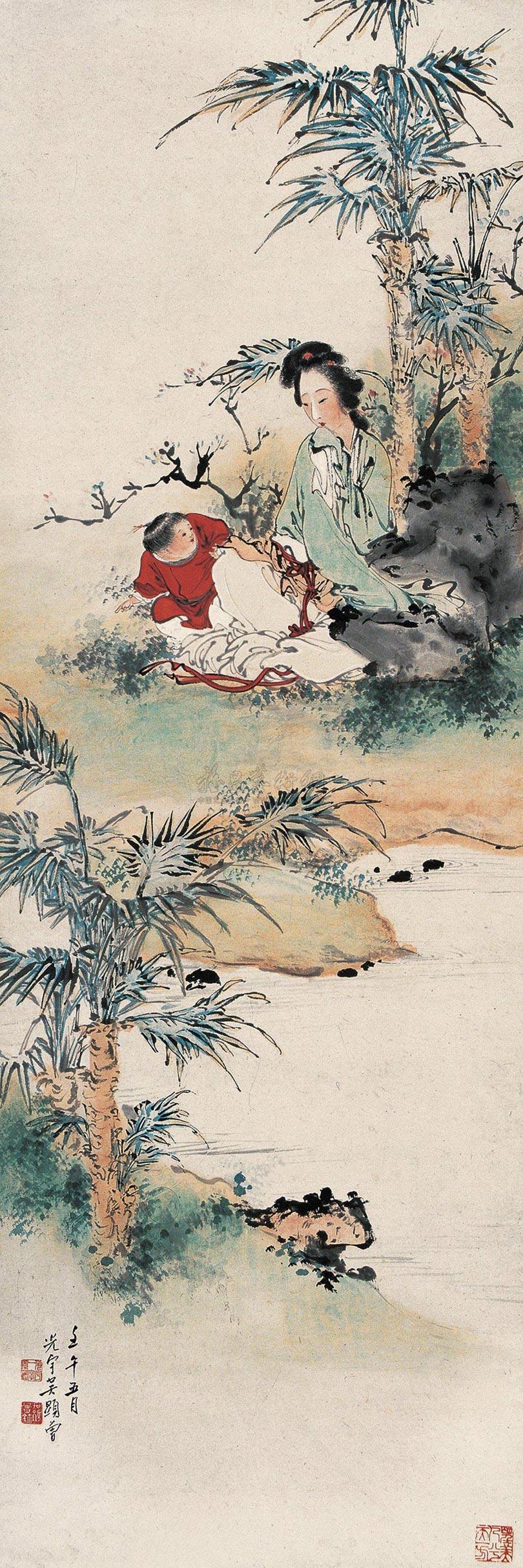 0027壬午1942年作教子图立轴设色纸本