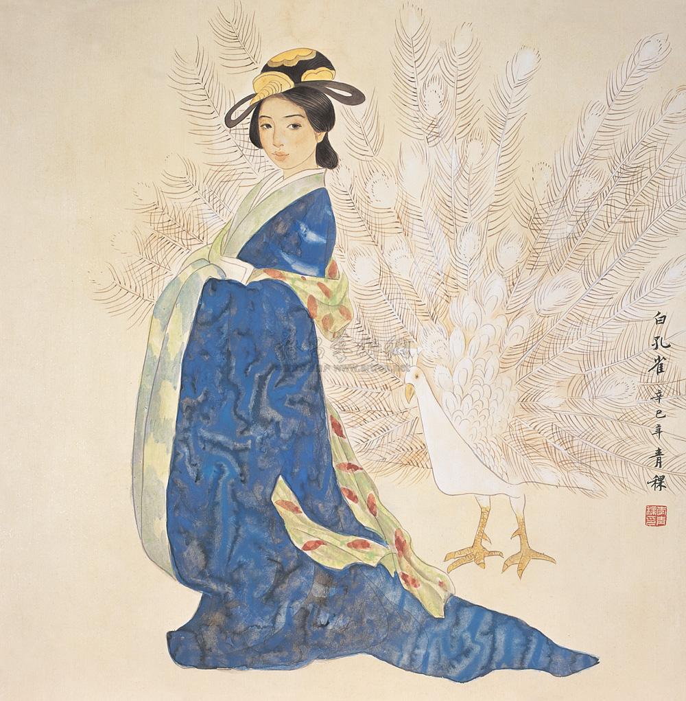 03292001年作白孔雀镜心设色纸本
