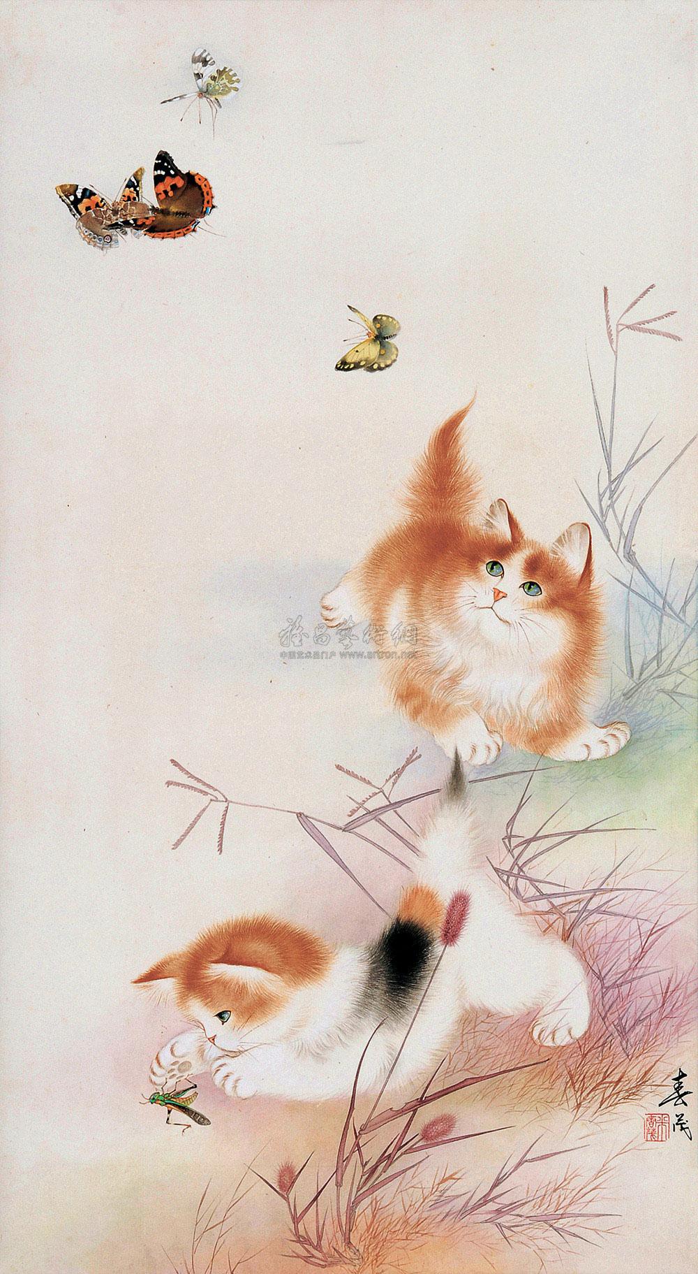 0352双猫戏蝶镜片设色纸本