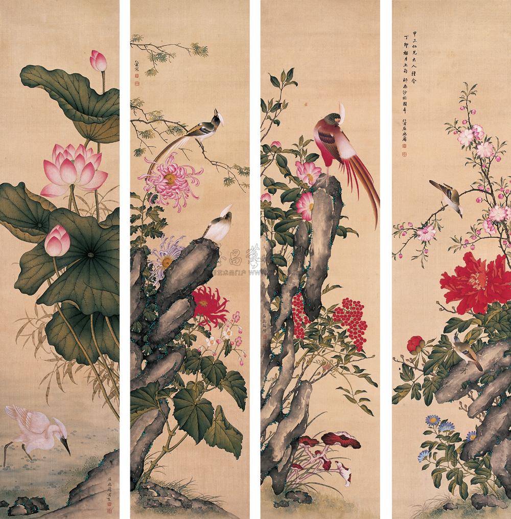 1362四季花鸟四屏设色绢本
