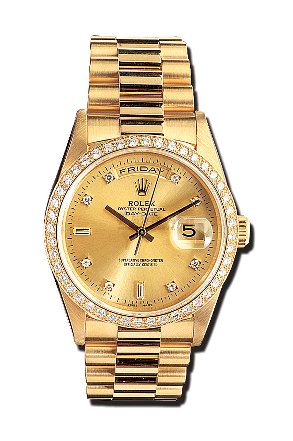 0836劳力士蚝式自动星期日历18k金原镶钻石连带男装腕表