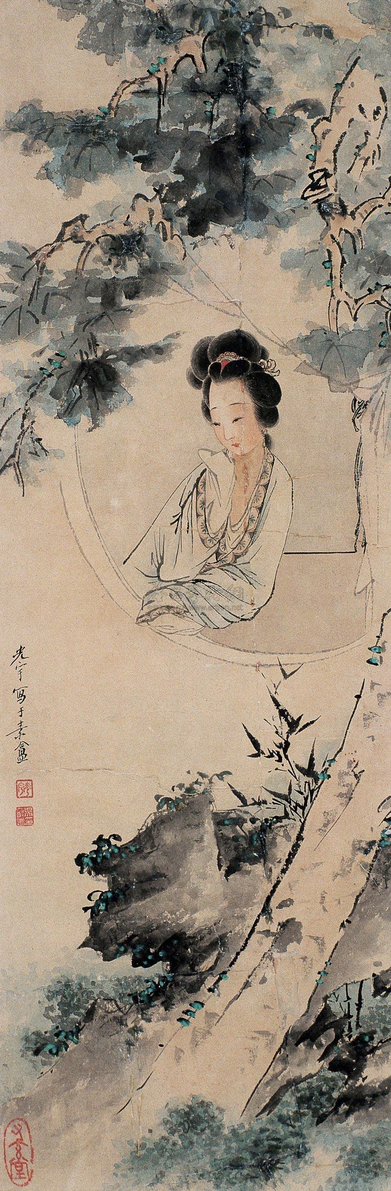 0196倚窗仕女镜心设色纸本