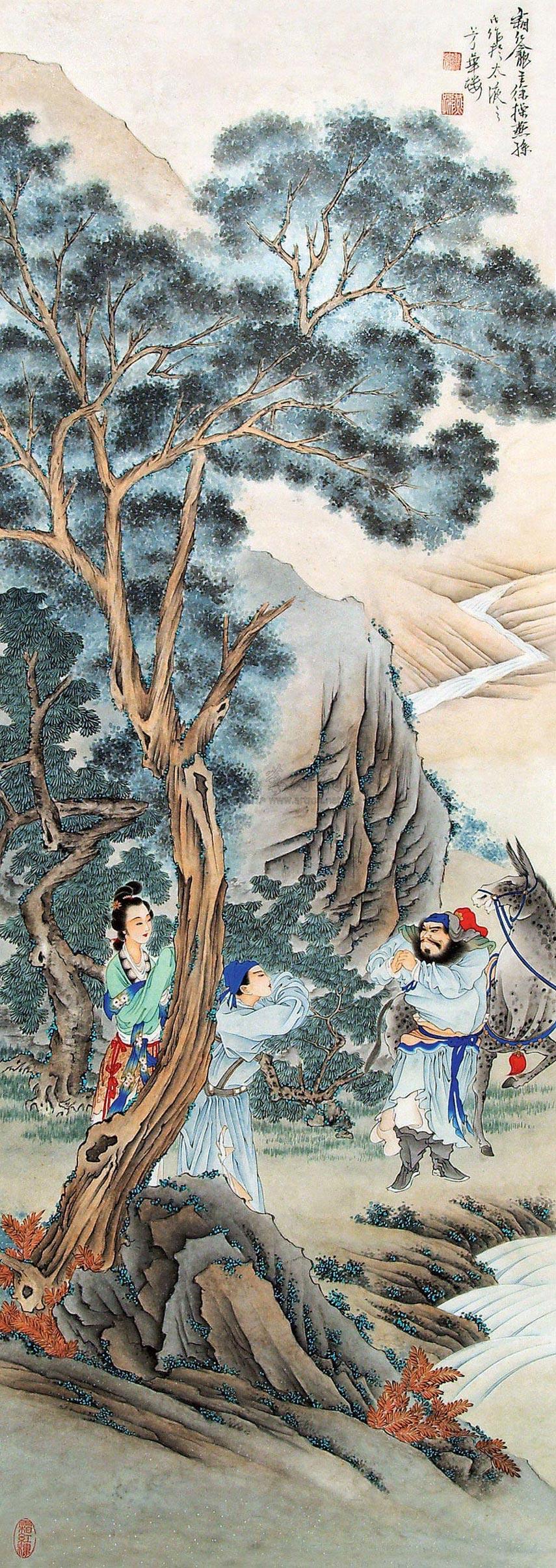 0679风尘三侠立轴设色纸本
