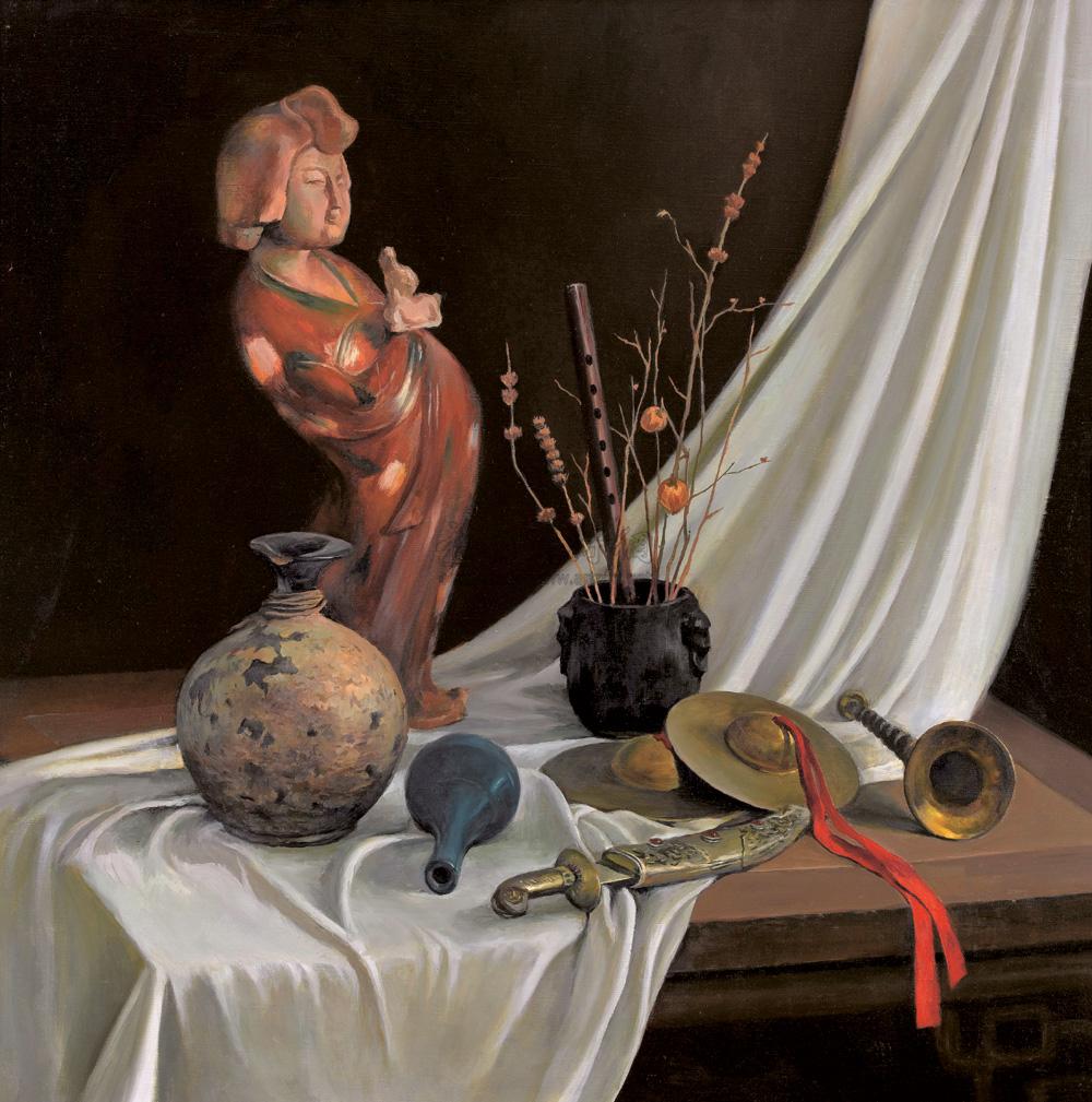 0109 有陶俑的静物 油画