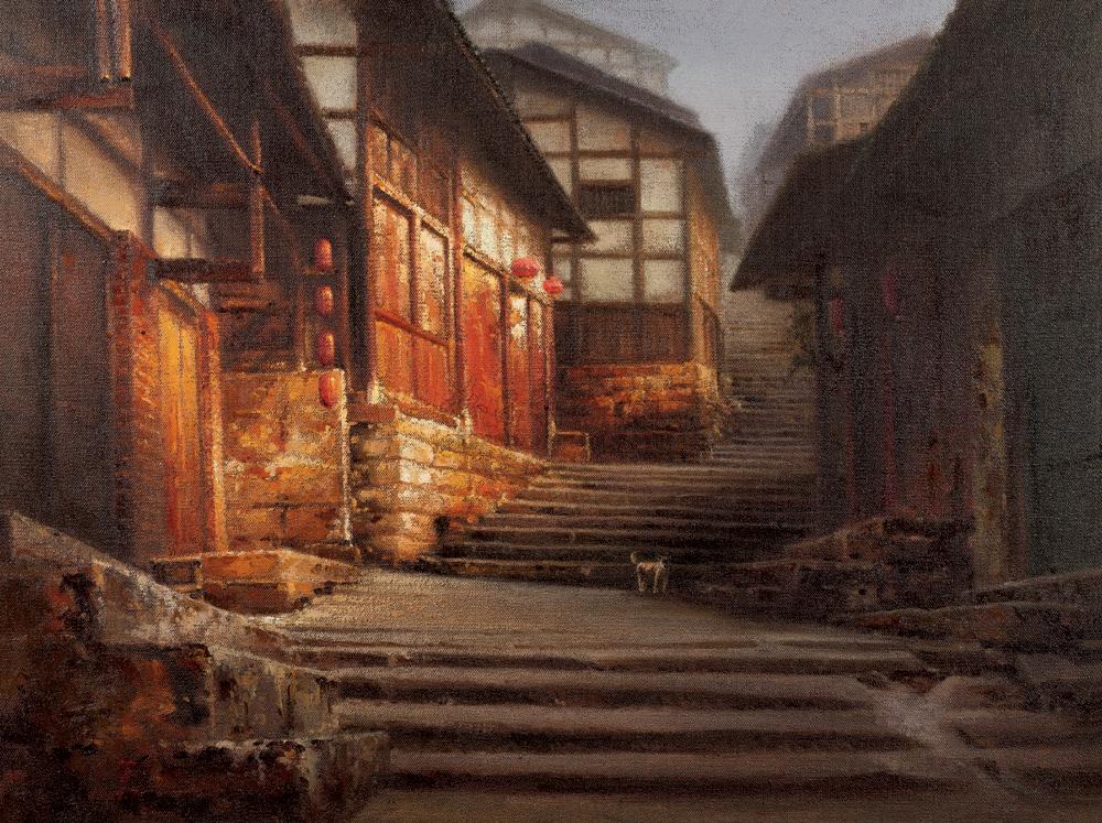 1092老街系列夕布面油画
