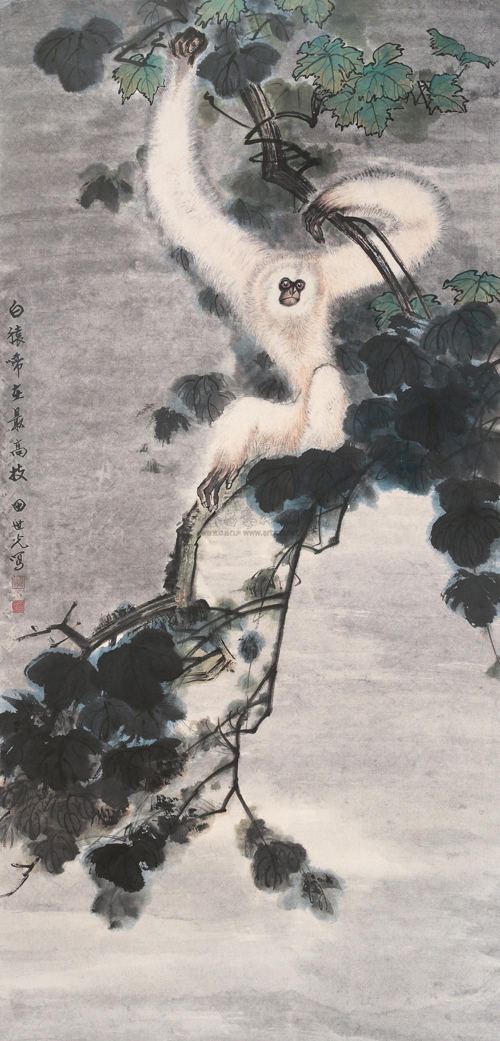【白猿啼在最高枝 立轴 设色纸本】拍卖品_图片