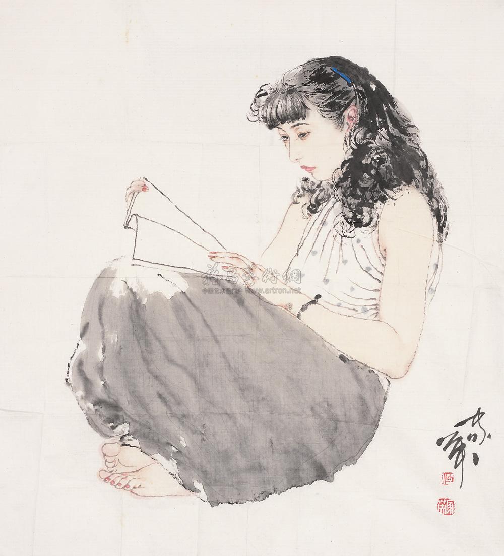 0180读书少女镜心设色纸本