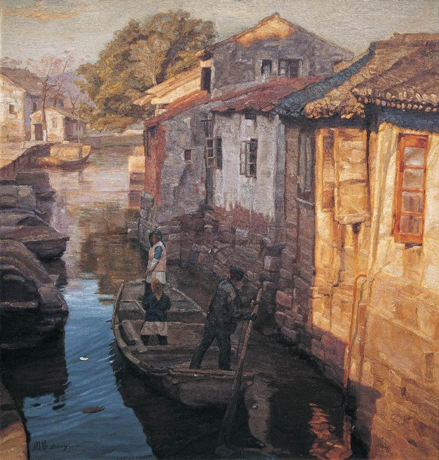 0084 水乡人家 布面油画