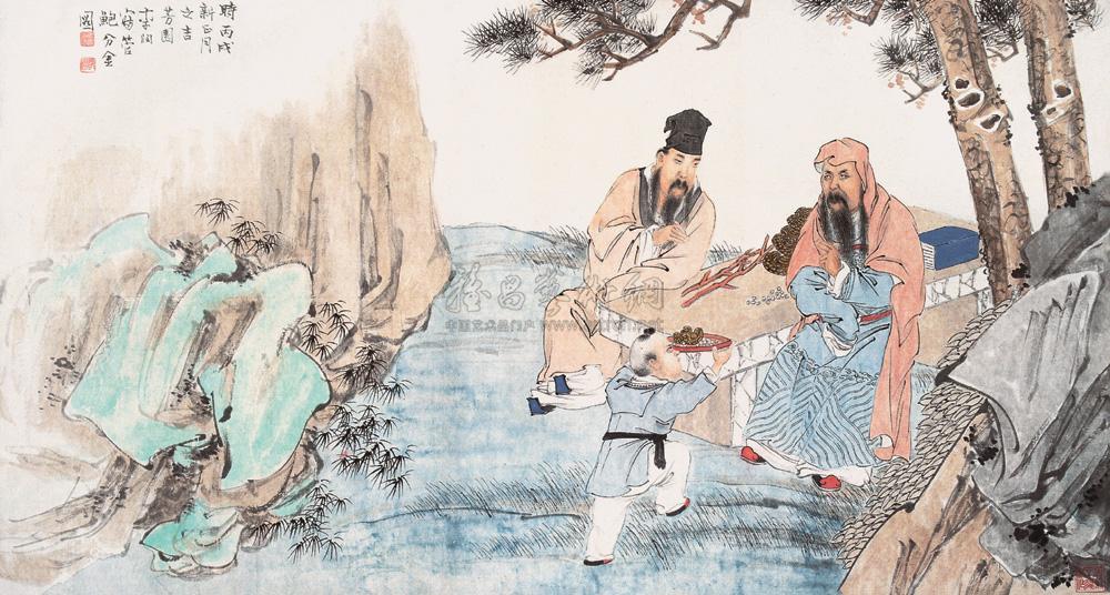 【1946年作 管鲍分金图 横幅 设色纸本】拍卖品_图片_价格_鉴赏_绘画