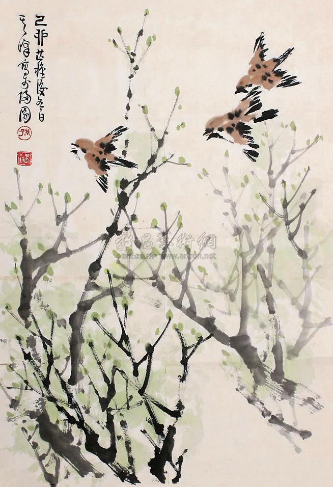 0516竹林麻雀镜心纸本