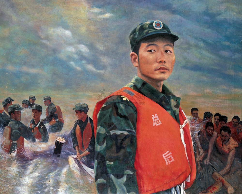 0086抗洪一兵布面油画