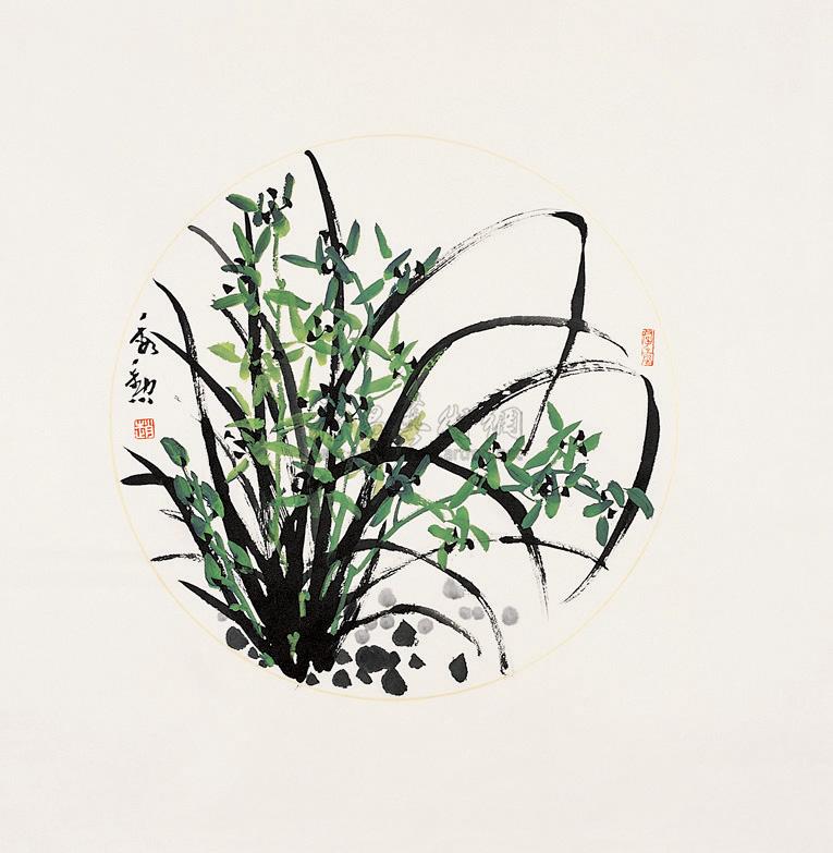 0264彩墨兰花团扇镜心设色纸本