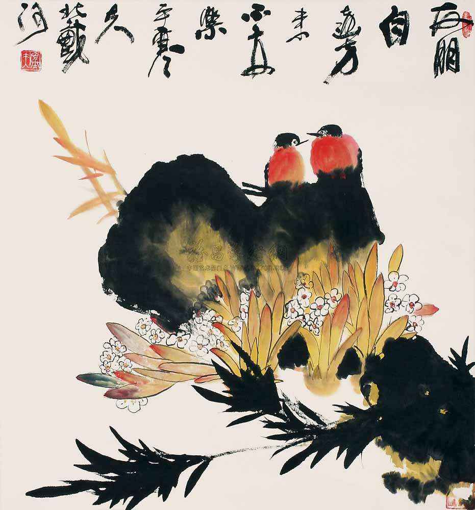 0674水仙双鸟镜心设色纸本
