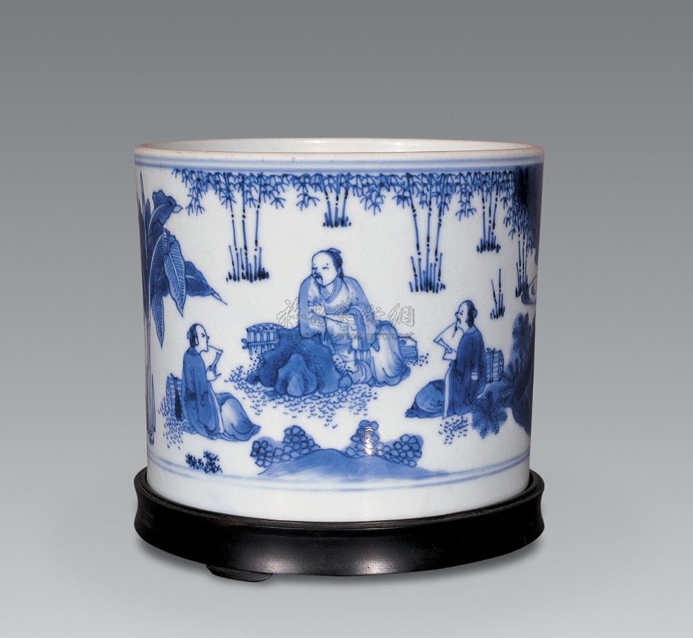 【明崇祯 青花竹林七贤笔筒】拍卖品_图片_价格_鉴赏_明代青花瓷器