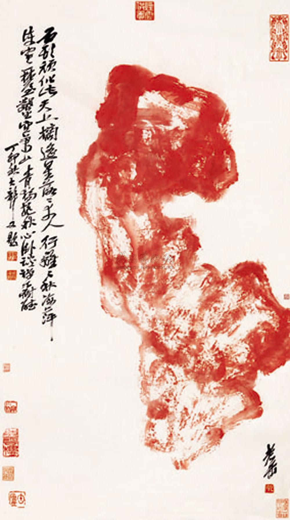 0469奇石图镜心带框设色纸本