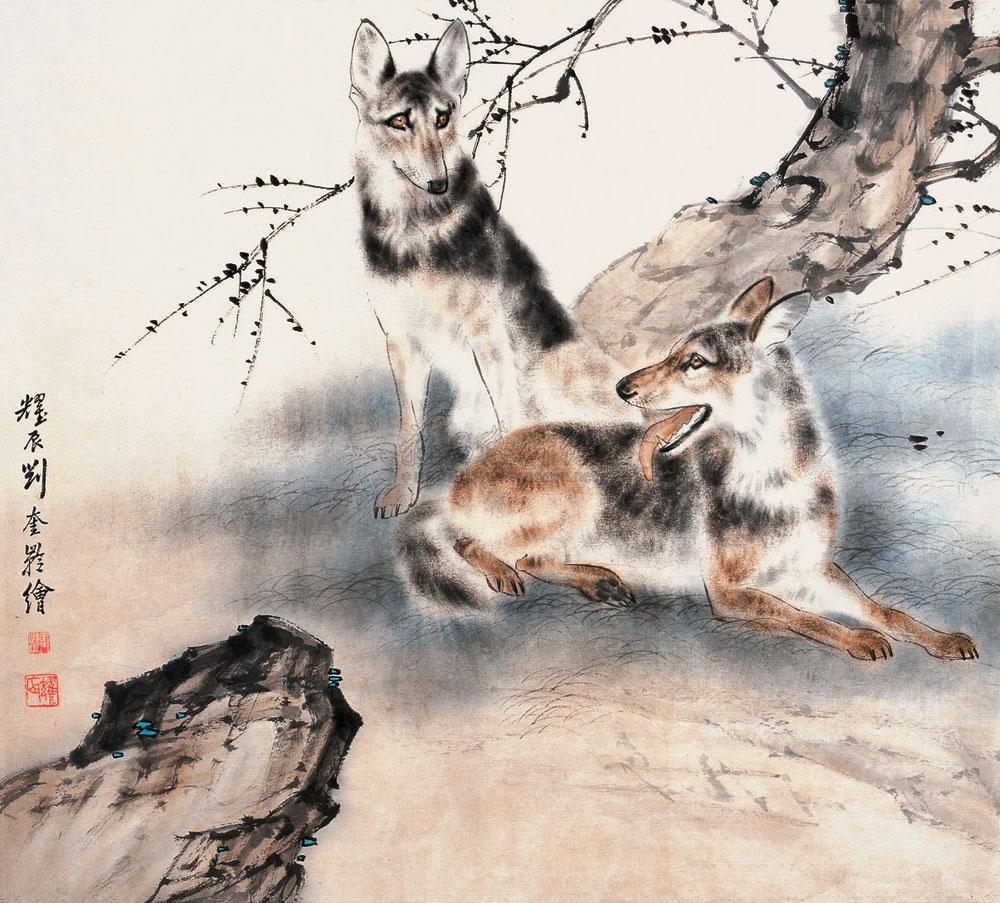 2252双狗图镜心设色纸本