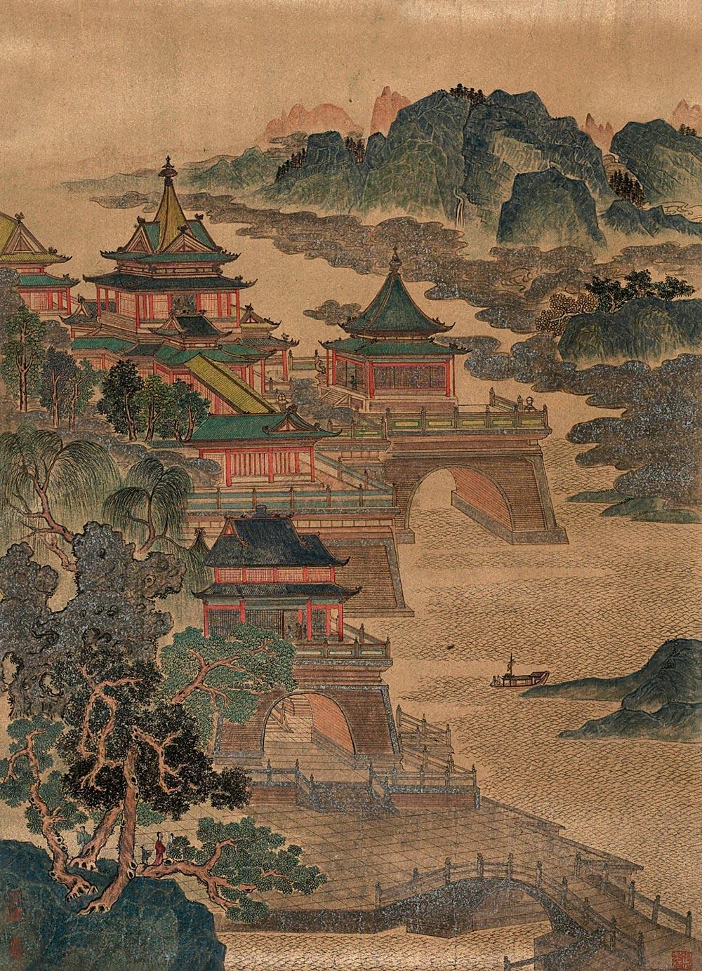 0375春山楼宇图镜心设色金笺