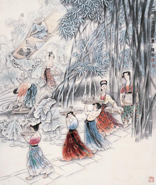 0098王维山居秋暝图立轴设色绢本