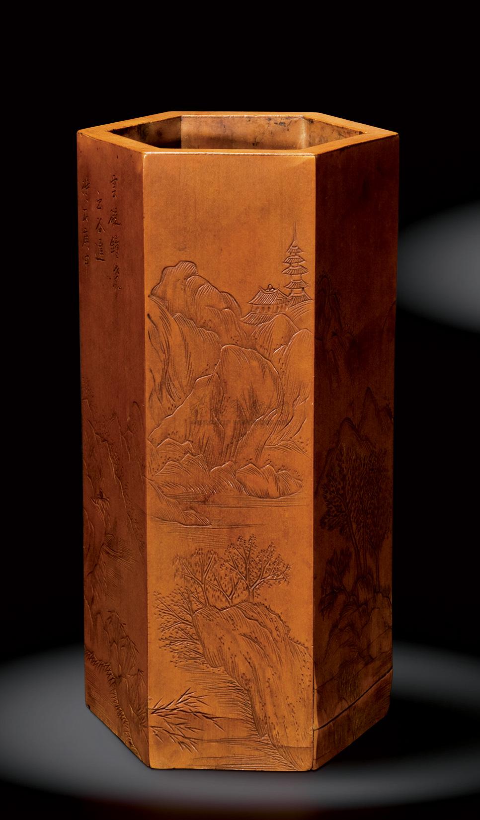 0856 清 贴竹簧六角山水笔筒
