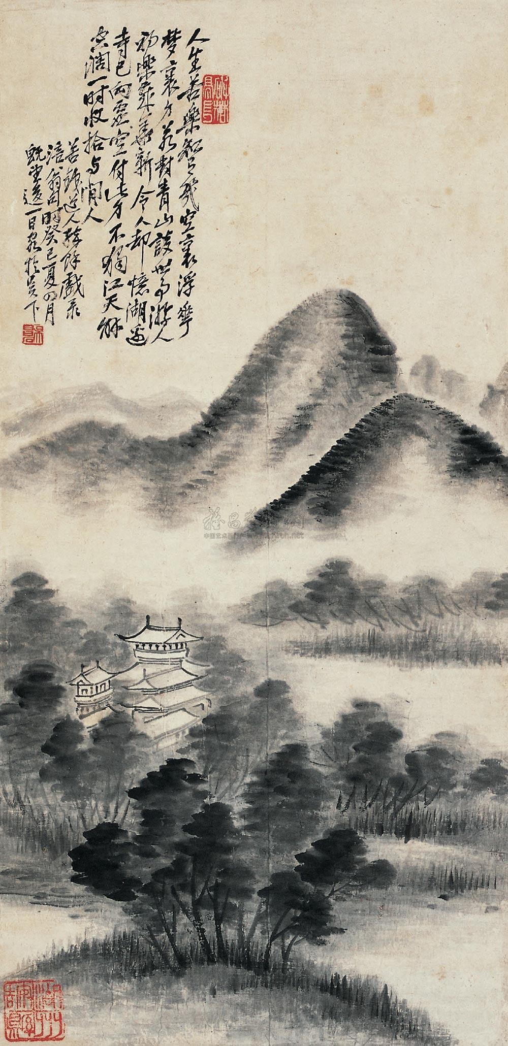 0282烟雨亭阁图立轴水墨纸本