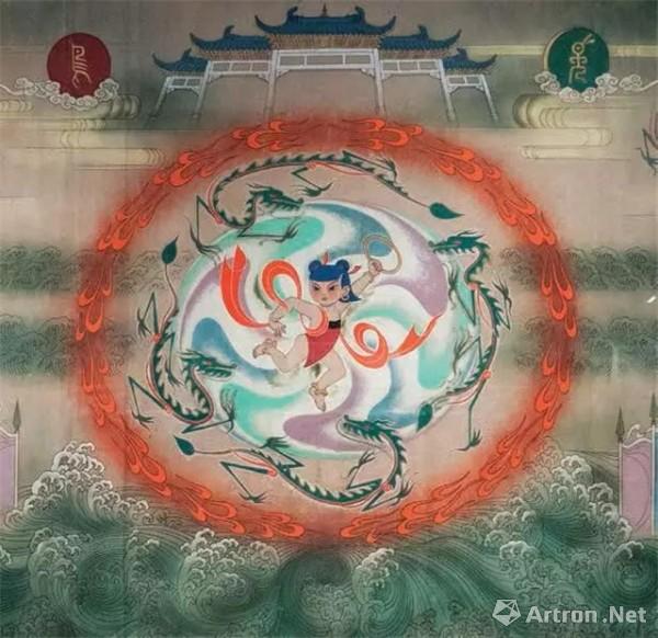 《哪吒闹海》局部  张仃 116×490cm 1979年 纸本工笔重彩