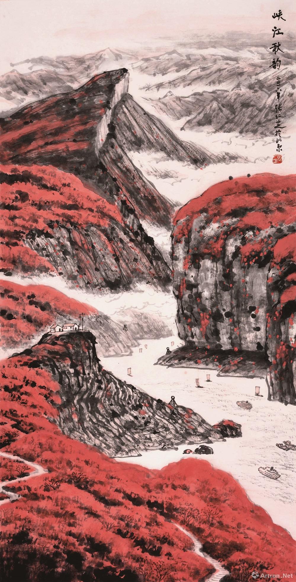 《峡江秋韵》  张仁芝 135x68cm 2016年 纸本设色