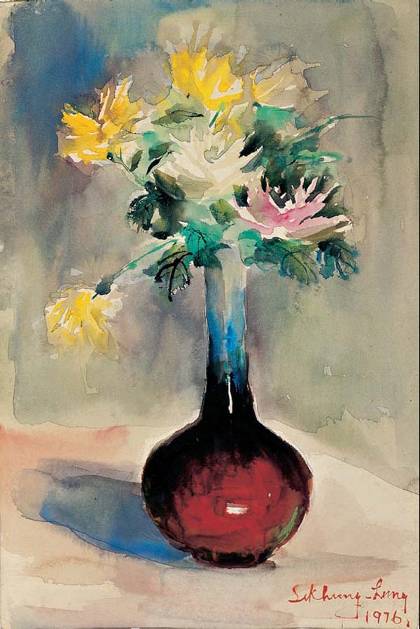 梁锡鸿《菊花 水彩 38 26 cm 1976年