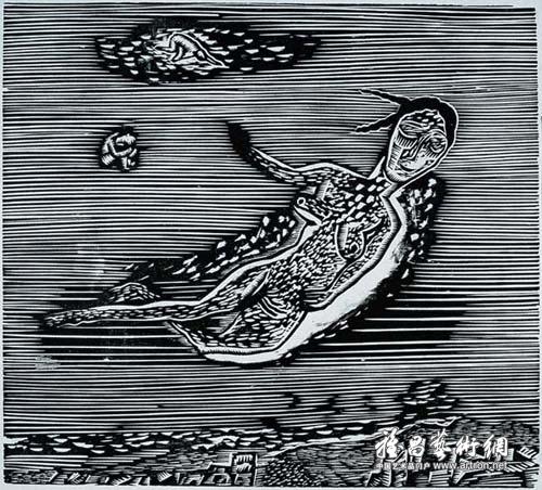 王华祥《有云彩飘过的地方》 黑白木刻 44.9x40.6cm 1990