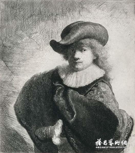 伦勃朗(1606–1669)《穿绣花披风戴软帽的自画像》 蚀刻,干刻铜版画