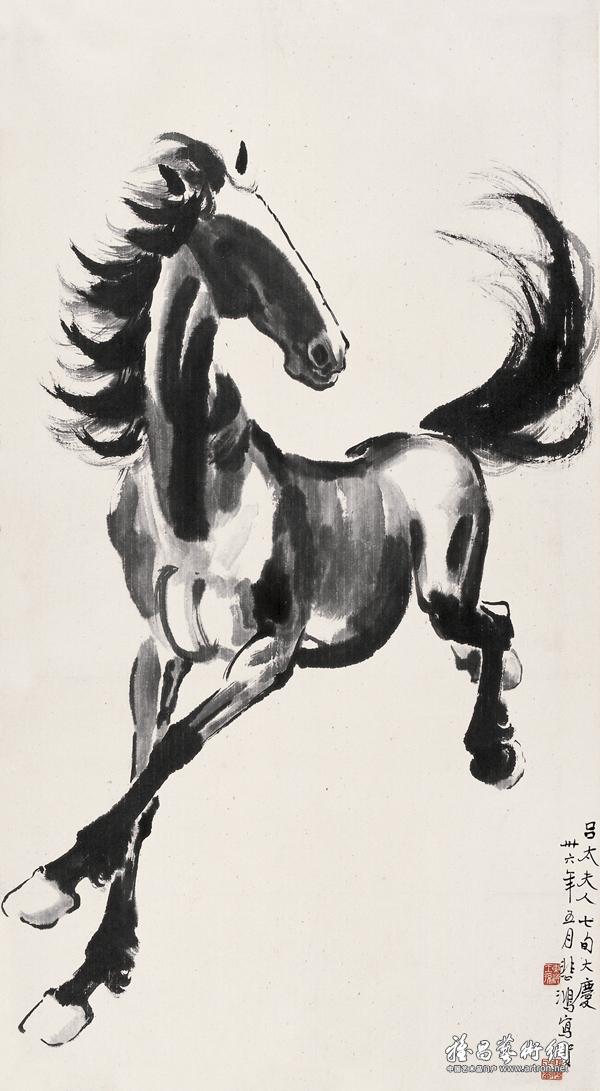 徐悲鸿(1895-1953)奔马镜心水墨纸本 1947年作107×58 cm.