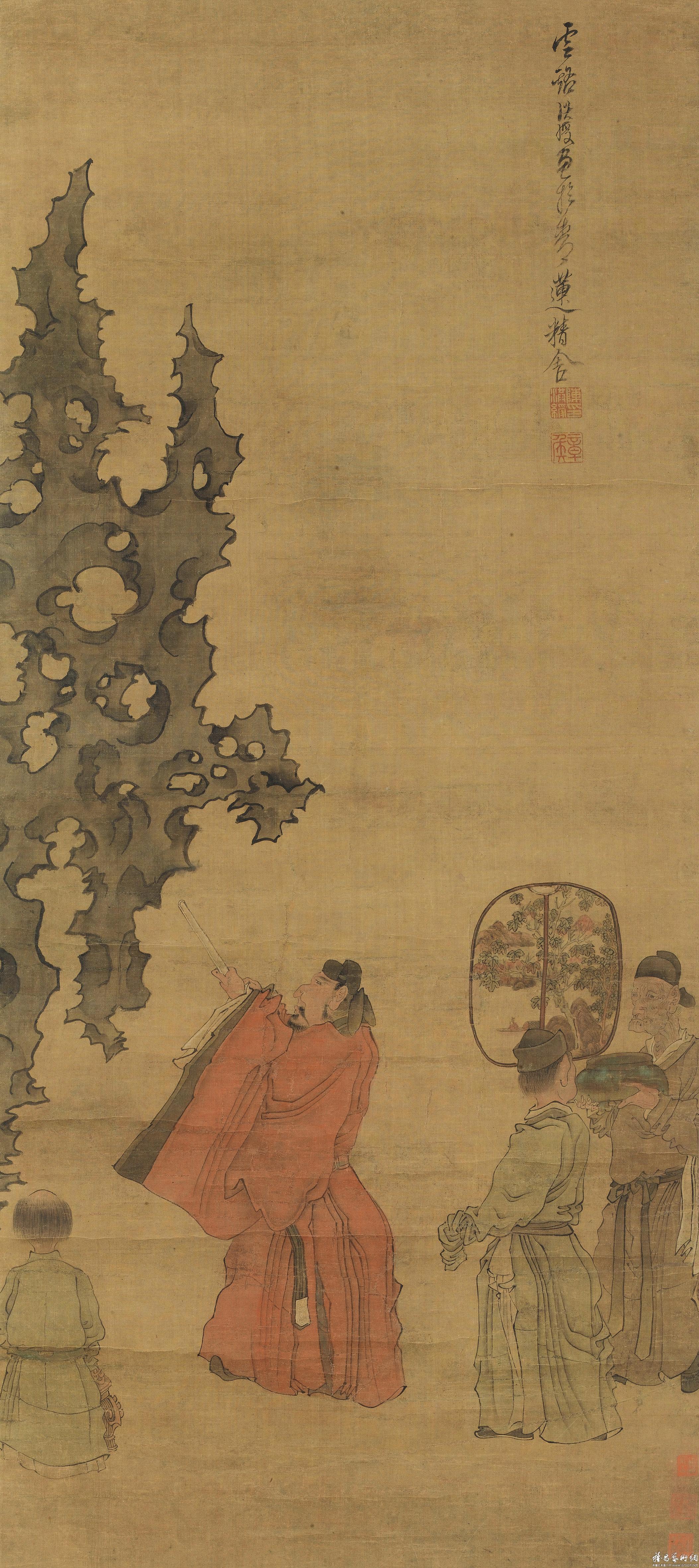 陈洪绶《米芾拜石图 设色绢本 镜框